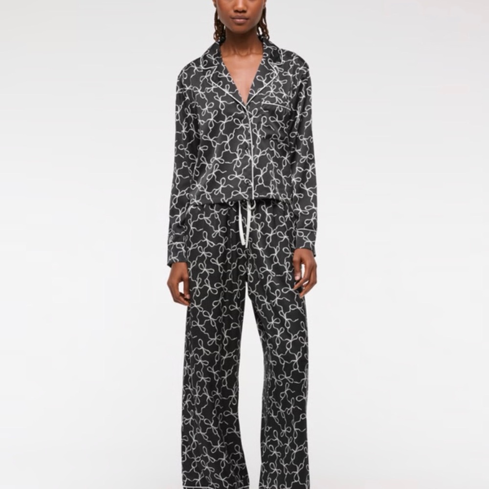 Black and White Patterned Pajama Set Satin Sleep Set Black Bow